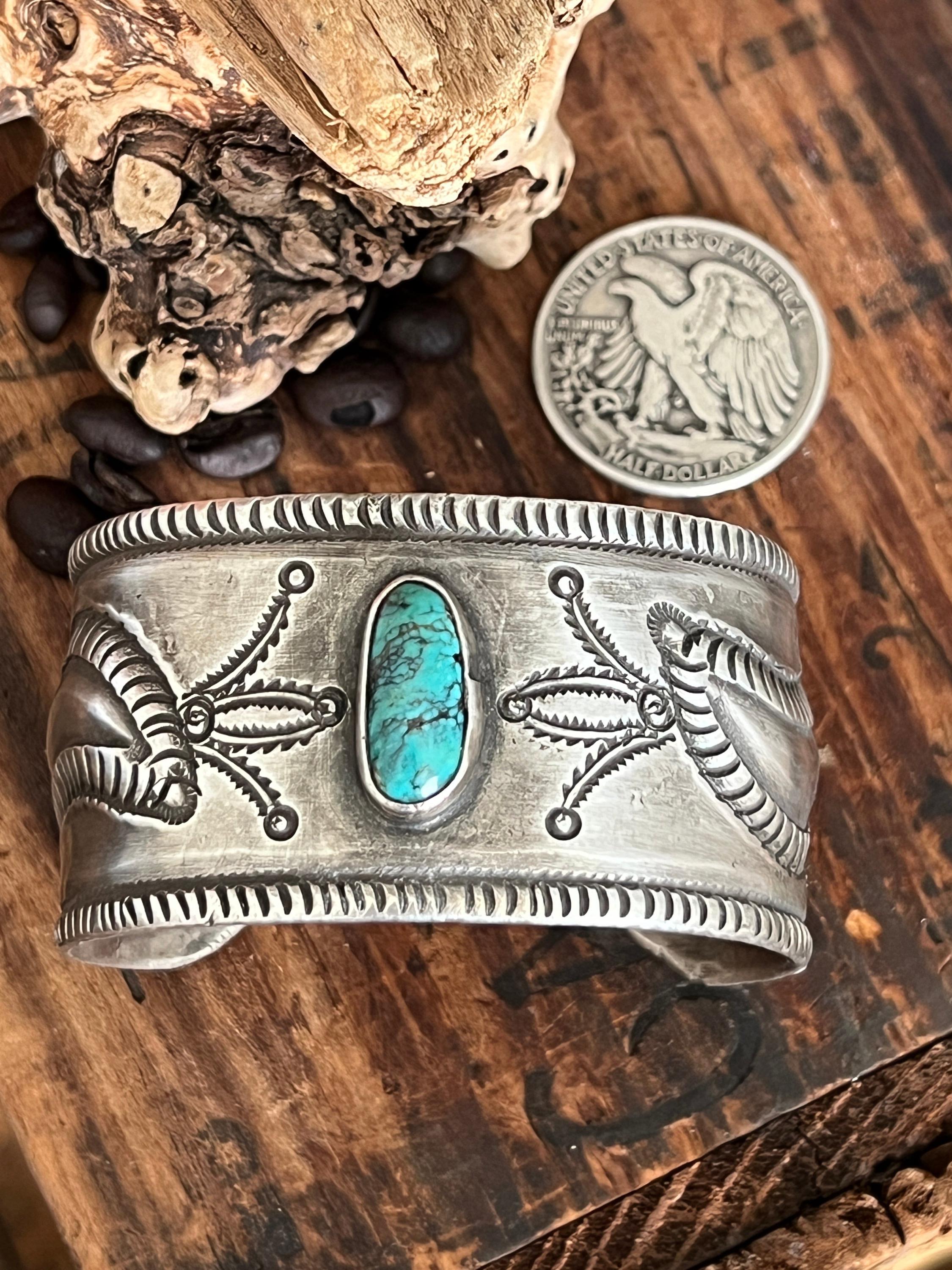 Hand Forged Old Pawn Sterling Silver & Turquoise Ingot Cuff Bracelet by ...