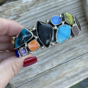 Navajo Multi Stone & Gem Sterling Silver Cuff Bracelet Signed