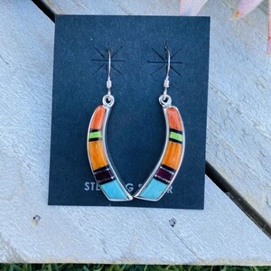 Navajo Multi Stone And Sterling Silver Inlay Dangle Earrings