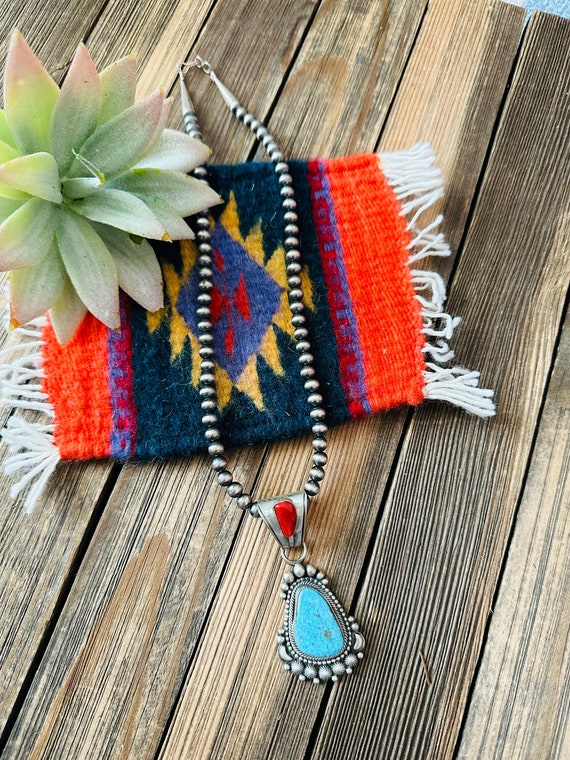 Navajo Sterling Silver, Turquoise & Coral Beaded … - image 3
