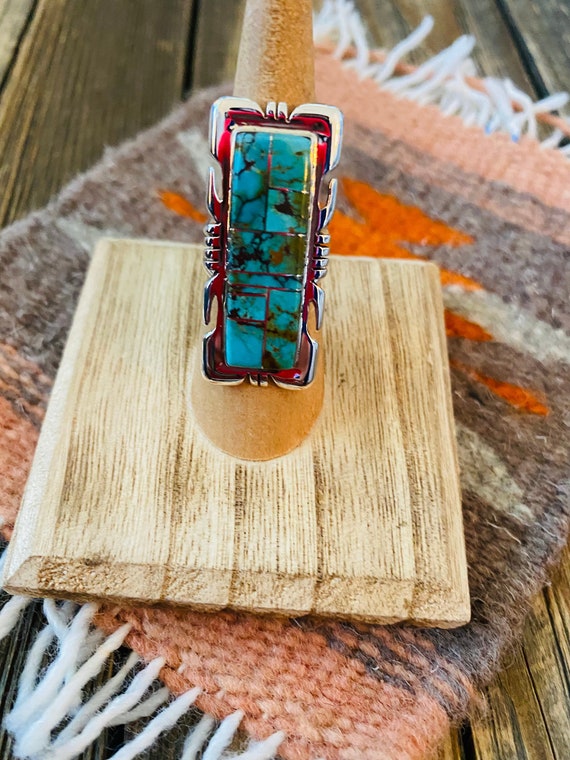 Navajo Sterling Silver & Turquoise Inlay Ring Siz… - image 1