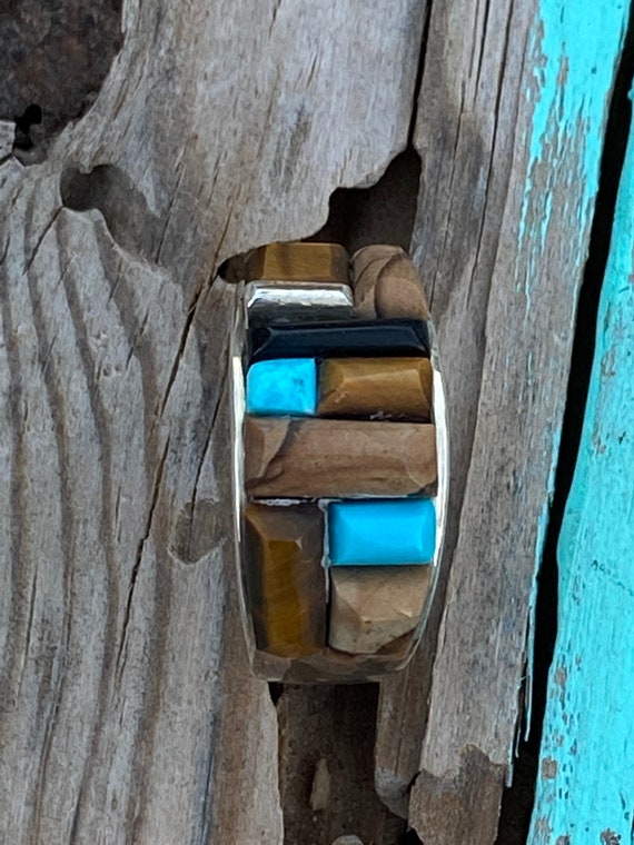 Navajo Turquoise Onyx, Petrified Wood & Sterling … - image 3