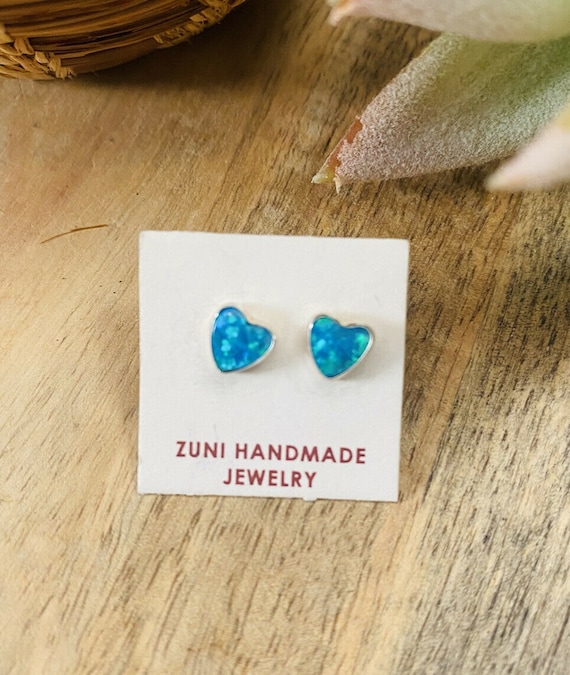 Zuni Blue Opal & Sterling Silver Heart Stud Earri… - image 1