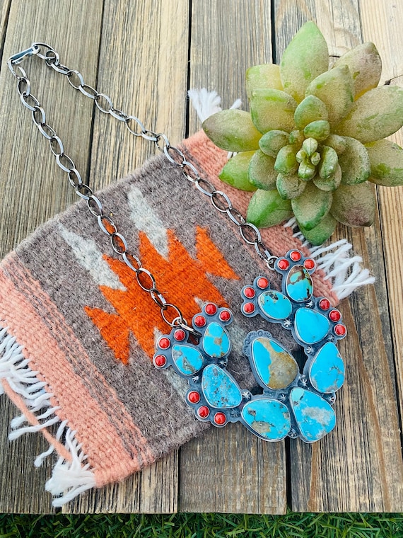 Navajo Sterling Silver, Turquoise & Coral Cactus N