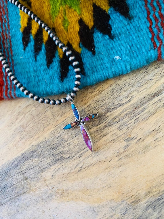 Navajo Sterling Silver & Pink Dream Cross Pendant - image 4
