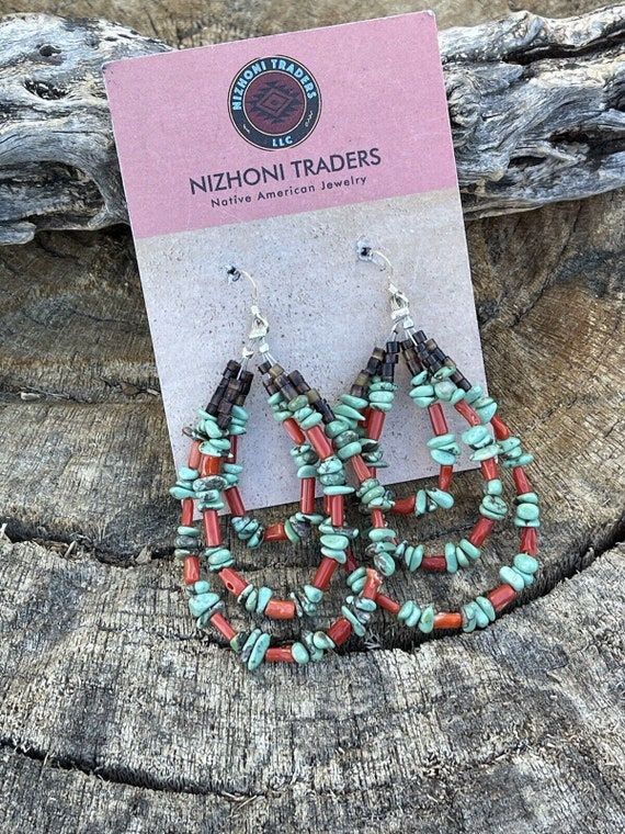 Navajo Heishi Bead Turquoise & Coral 3 Loop Dangl… - image 1