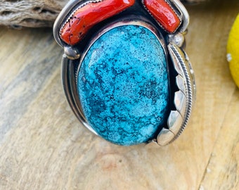 Incredible Navajo Handmade Bisbee Turquoise, Coral & Sterling Silver Jumbo Cuff Bracelet