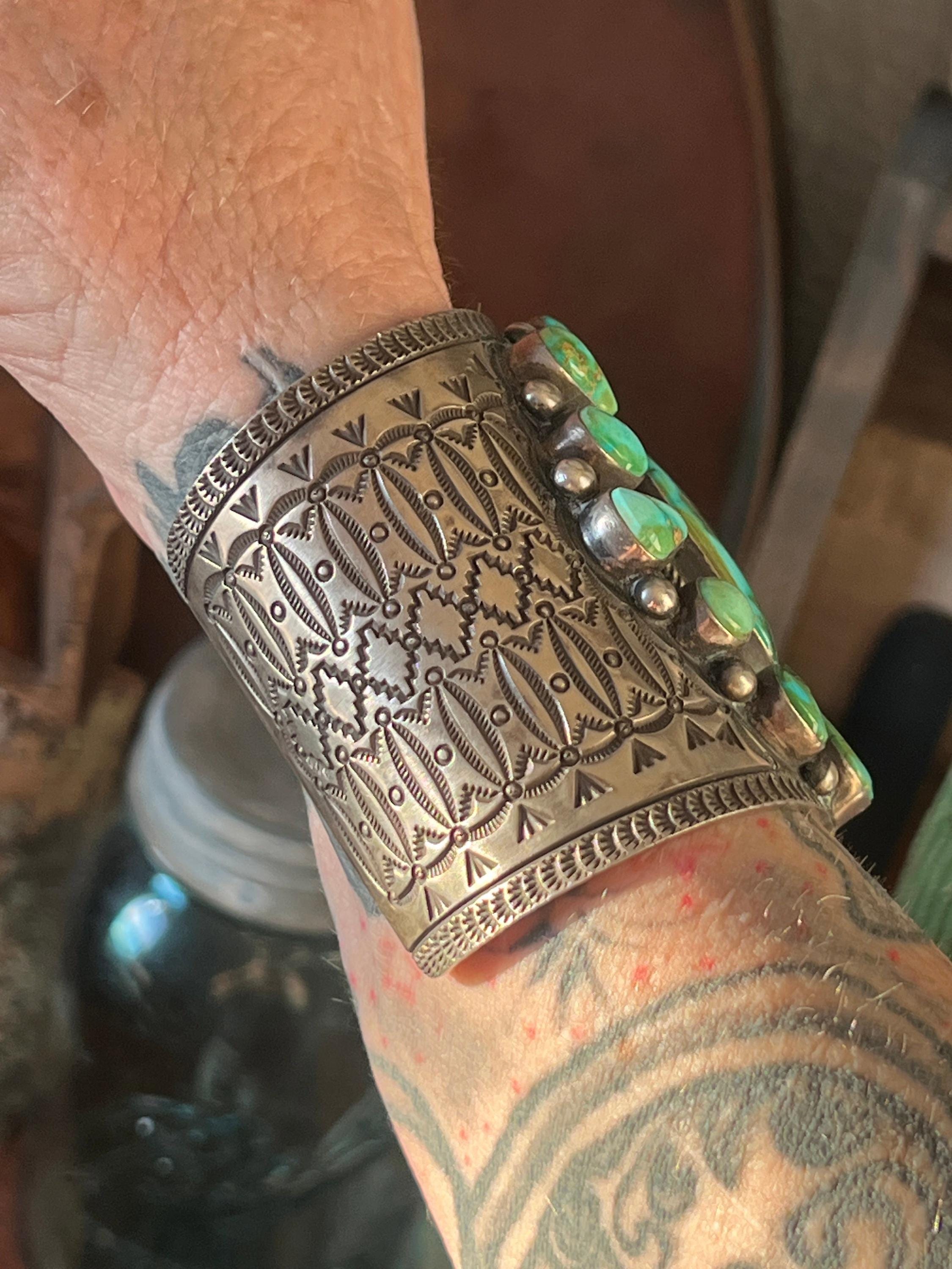 Navajo Hefty Sterling Silver and Sonoran Turquoise Cuff Bracelet
