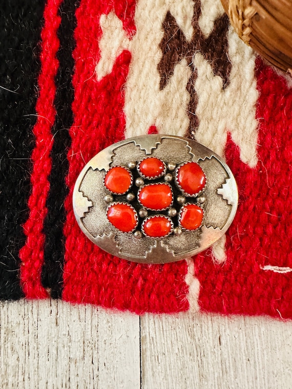 Navajo Sterling Silver and Coral Brooch