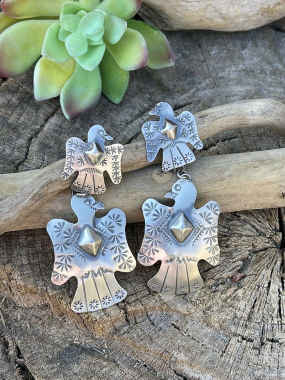 Navajo Sterling Silver Thunderbird Dangles by Tim… - image 1