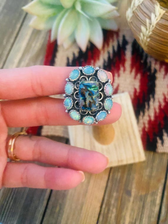 Handmade Sterling Silver & Opal Cluster Adjustabl… - image 2