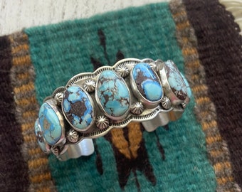 Navajo Sterling Golden Hills Turquoise Bracelet Cuff Signed Wydell Billie