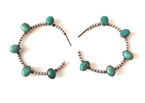 Navajo Sterling Silver & Turquoise Hoop Earrings - image 7