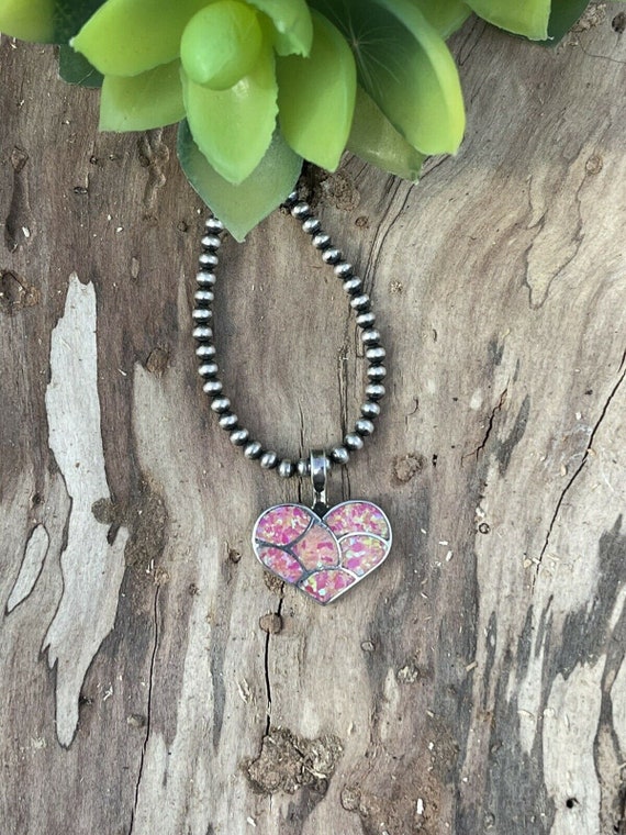 Zuni Iridescent Pink Opal & Sterling Silver Heart… - image 1