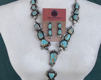 Navajo Sterling Silver & Number 8 Turquoise Necklace Earring Set Signed