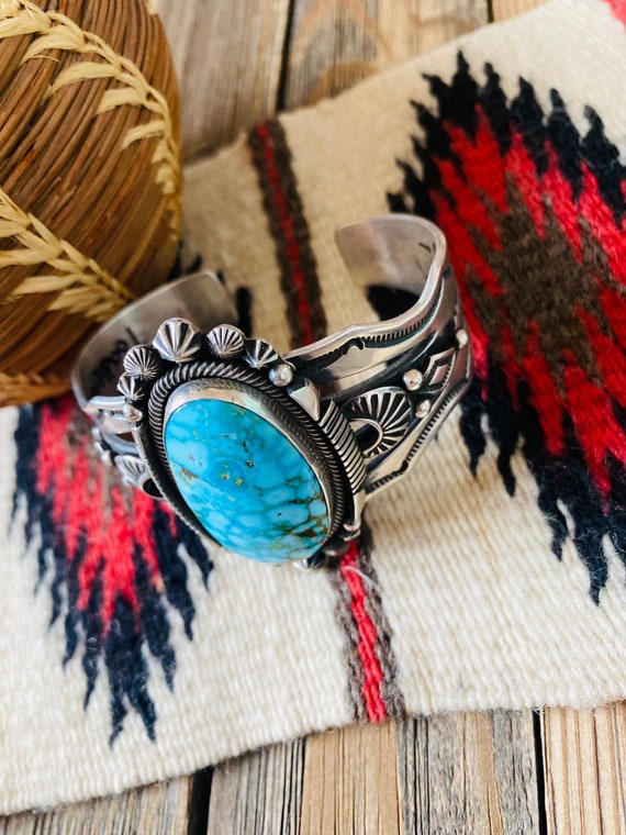 Navajo Kingman Web Turquoise & Sterling Silver Cu… - image 3