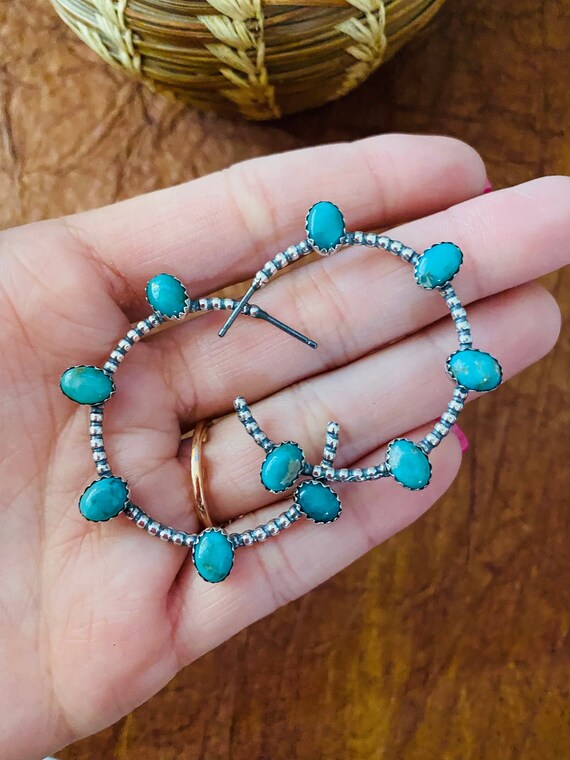 Navajo Sterling Silver & Turquoise Hoop Earrings - image 3