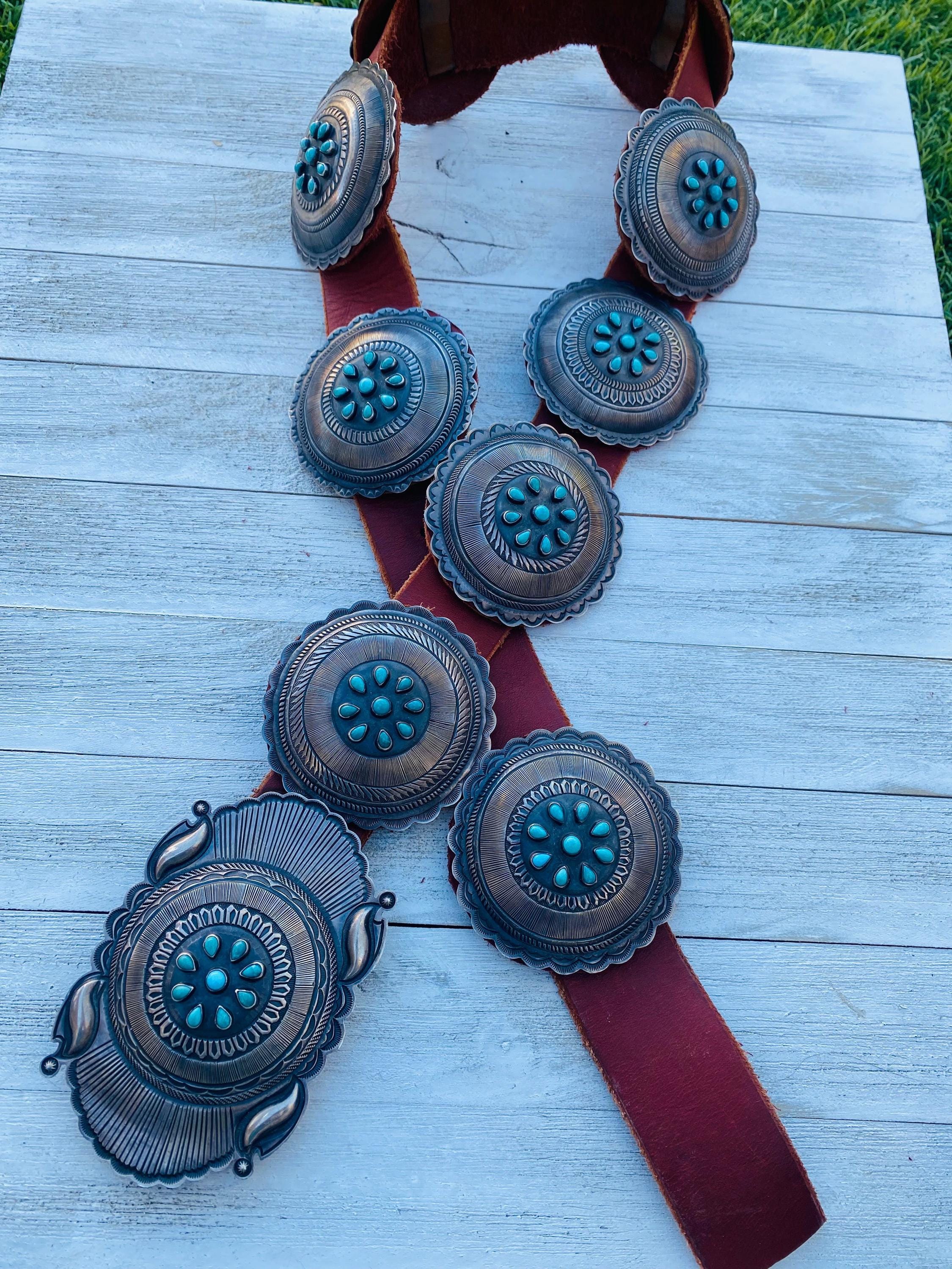 Retro Vintage Nickel Silver Turquoise Concho Leather Belt Stamped BC Vintage Sterling Silver Turquoise Concho Black Leather Belt  main image 4