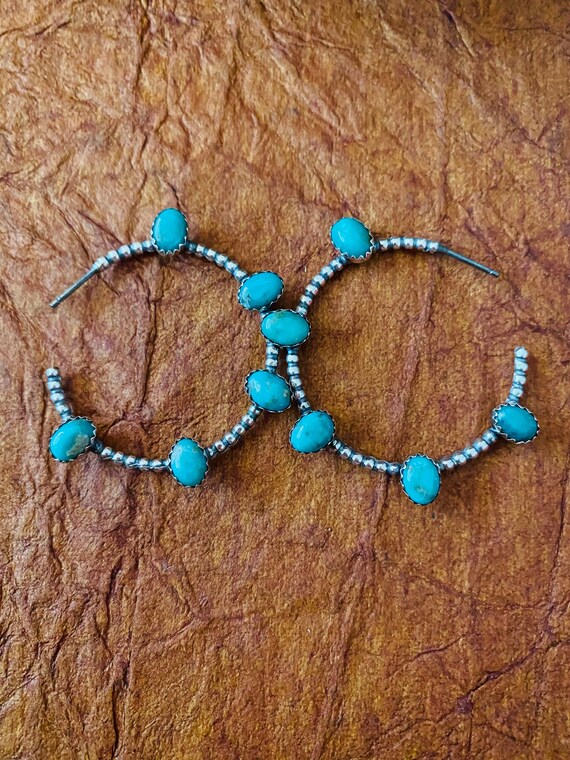 Navajo Sterling Silver & Turquoise Hoop Earrings - image 6