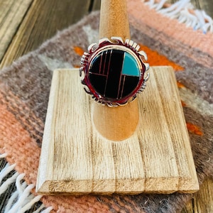 Navajo Sterling Silver, Onyx & Turquoise Inlay Ring Size 6.25