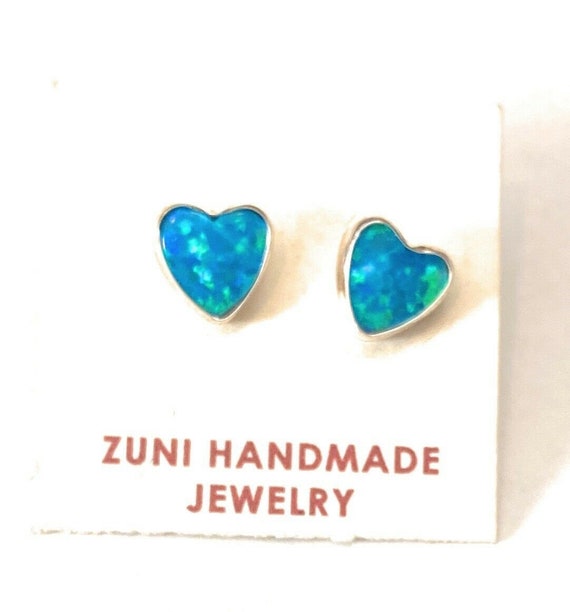 Zuni Sterling Silver And Blue Opal Stud Heart Earrings 
