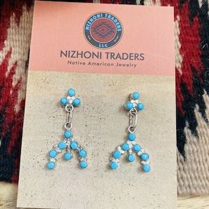 Zuni Sterling Silver & Turquoise Petit Point Dangle Earrings