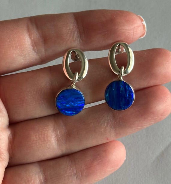 Dark Blue Opal Dangle Sterling Silver Earrings - image 4