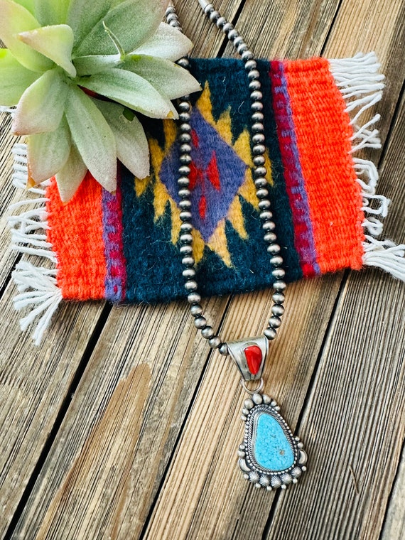 Navajo Sterling Silver, Turquoise & Coral Beaded … - image 1