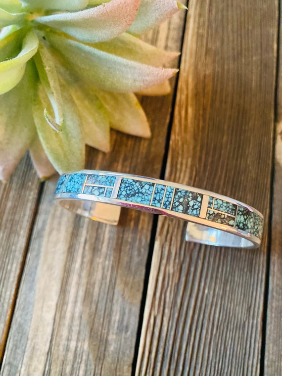 Native American Important Jeanette Dale Turquoise Vein Sterling Silver Bracelet Cuff Native American Important Jeanette Dale Turquoise Vein Sterling Silver Bracelet Cuff