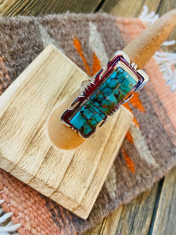 Navajo Sterling Silver & Turquoise Inlay Ring Siz… - image 3