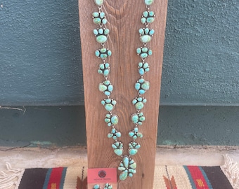 Beautiful Navajo Sterling Silver Sonoran Mountain Turquoise Necklace & Earring Set Signed Travis J