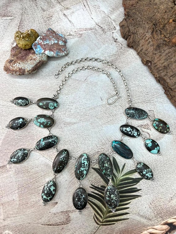 Handmade Sterling Silver Lander Turquoise Necklace with Signed Nizhoni