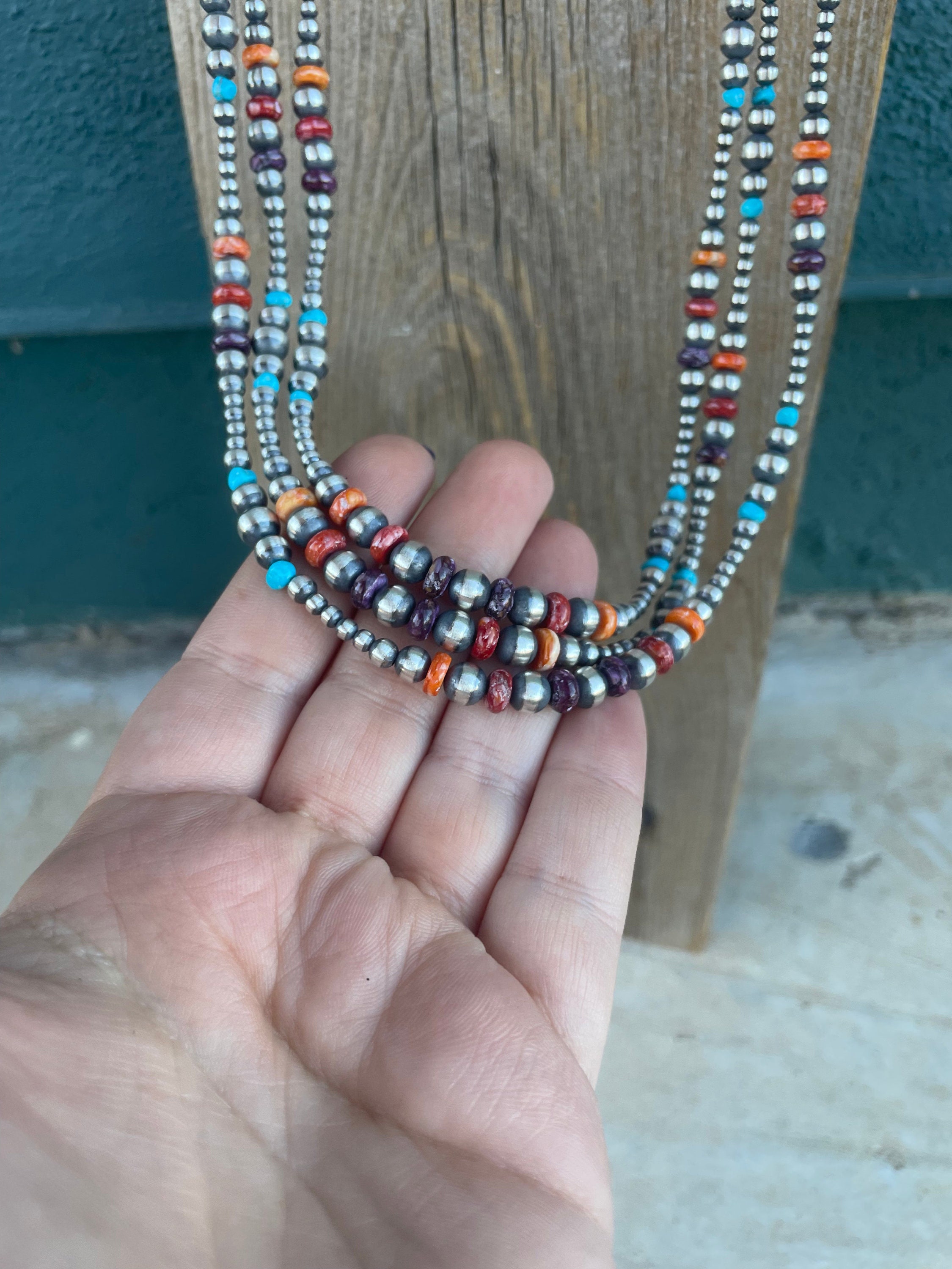 Item #889H- Handmade Navajo High End Multi Stone Textured Multiple Sterling Silver Beaded Necklace by E&M Teller —Native American Jewelry - Multi