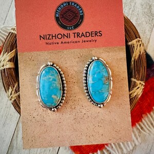 Navajo Kingman Turquoise & Sterling Silver Post Earrings Signed