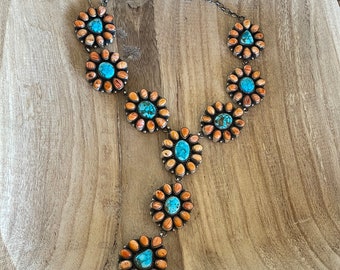 Navajo Sterling Silver Turquoise & Orange Spiny Necklace