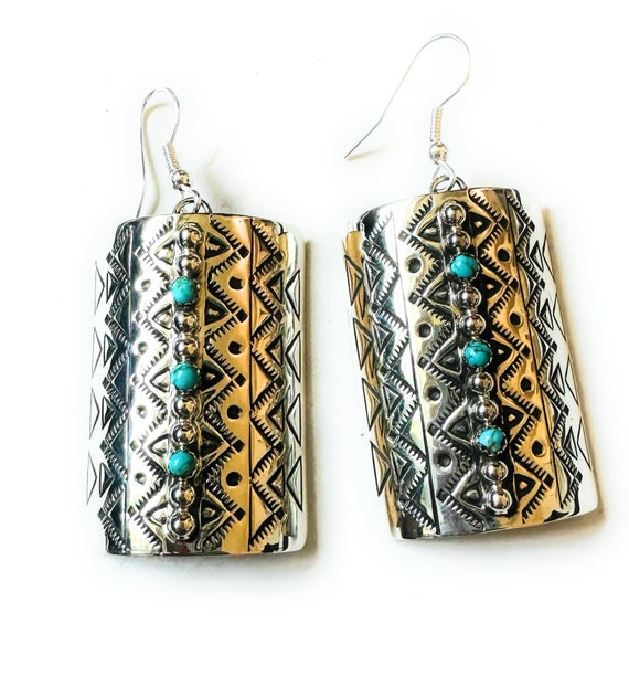 Navajo Hand Stamped Sterling Silver & Turquoise D… - image 7