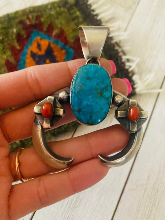 Navajo Sterling Silver, Turquoise & Coral Naja Pe… - image 4