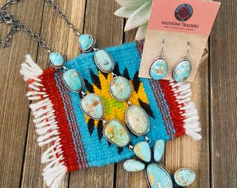 Stunning Navajo Carico Lake Turquoise & Sterling Silver Necklace Set