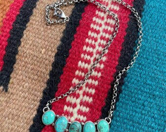 Navajo Sterling Silver & 5 Stone Turquoise Bar Necklace Signed