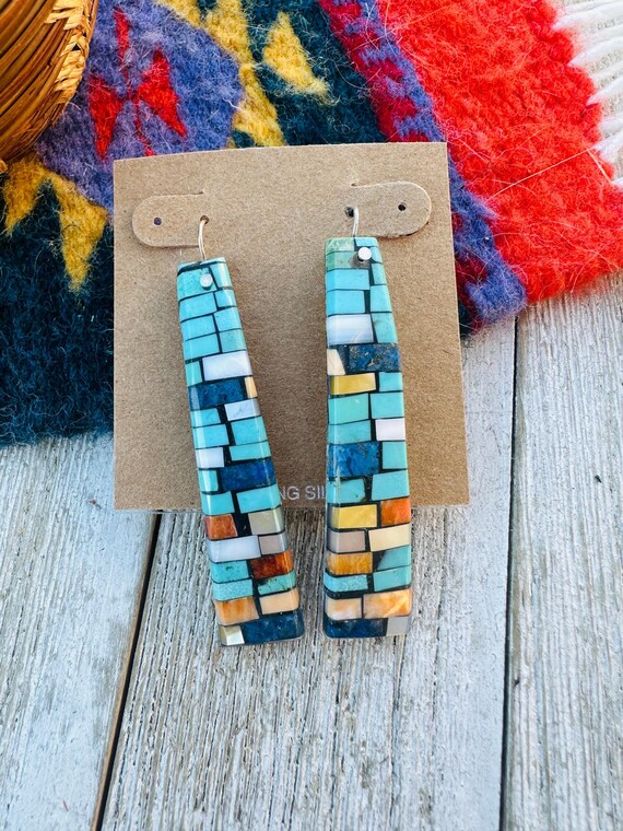 Handcrafted Multi Stone Inlay Shell Dangle Earrin… - image 1