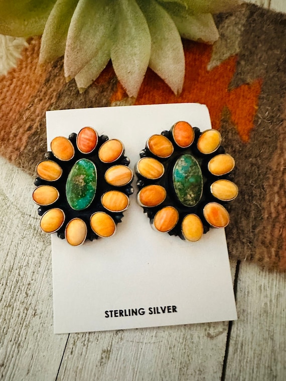 Navajo Sterling Silver, Orange Spiny & Turquoise … - image 1