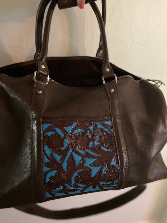 Chocolate Leather and Turquoise Duffle Bag - image 5