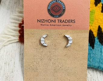 Zuni Sterling Silver And Mother Of Pearl Inlay Moon Stud Earrings