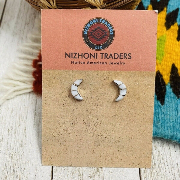 Zuni Sterling Silver And Mother Of Pearl Inlay Moon Stud Earrings
