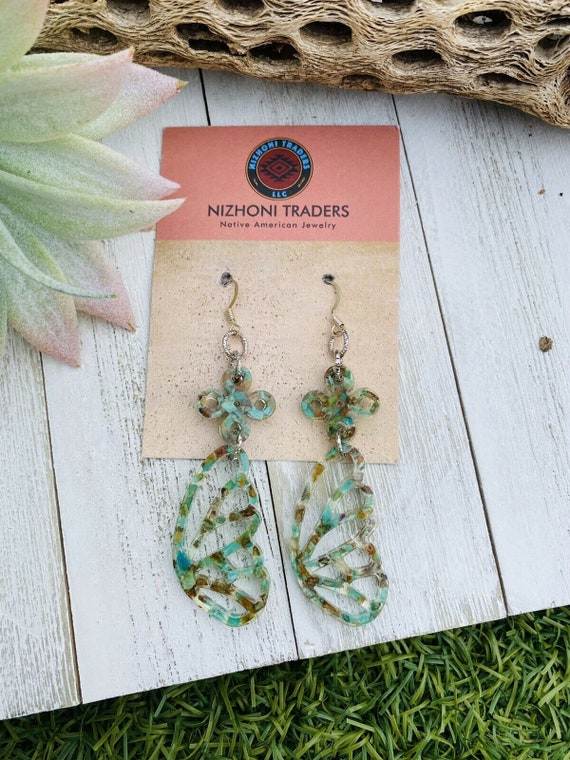 Navajo Turquoise & Resin Butterfly Wing Dangle Ea… - image 2