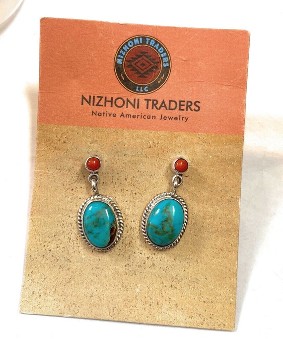 Navajo Turquoise, Coral & Sterling Silver Dangle … - image 7