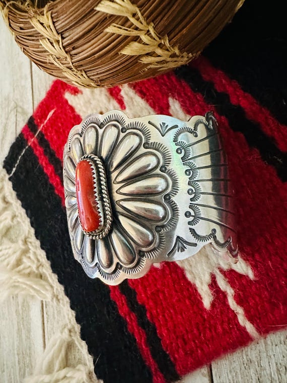 Old Pawn Navajo Sterling Silver & Coral Cuff Bracelet - Gem