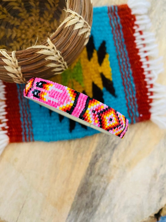 Navajo Made Beaded Leather Bangle Bracelet - image 1