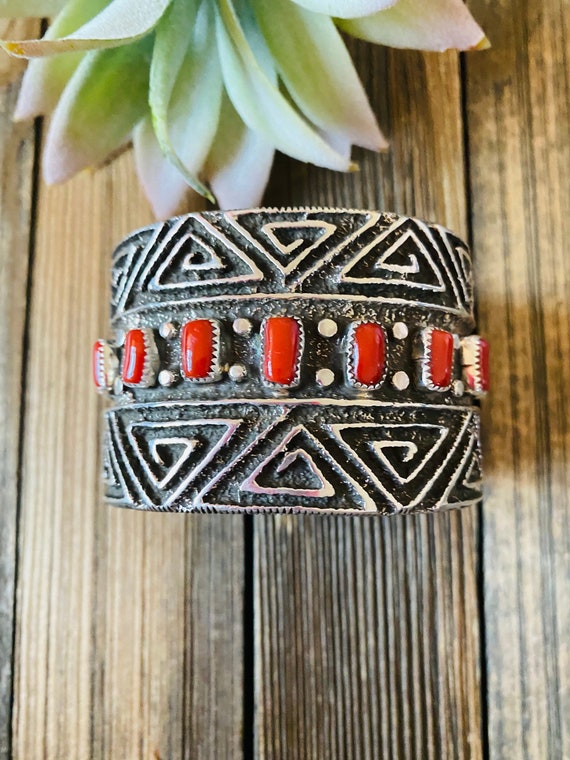 Navajo Coral & Sterling Silver Cuff Bracelet By St