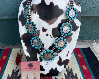 Navajo Turquoise & Sterling Silver Liberty Coin Necklace Earrings Set Signed Bea Tom